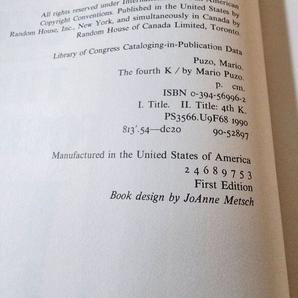 The Fourth K By Mario Puzo First Edition Hardcover Novel 1990 Political Thriller - Picture 4 of 10